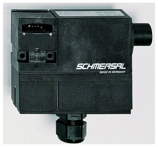 Schwarzer Schmersal Industriesensor oder Schaltereinheit, wie auf dem Produktfoto gezeigt, mit zylindrischen Anschlüssen an der Seite und am Boden.