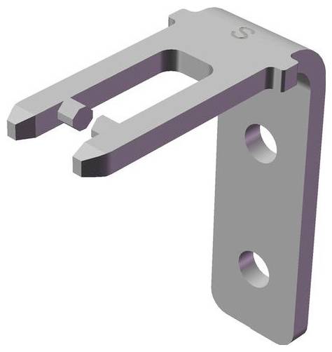 3D-Metallhalterung mit zwei Befestigungslöchern und einer gegabelten Zinke oben, dargestellt auf weißem Hintergrund.