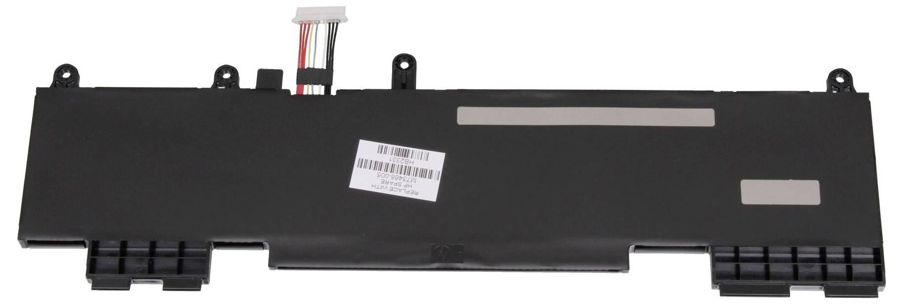 Schwarzer Laptop-Akku mit angeschlossenen Anschlussdrähten und Barcodes, dargestellt vor weißem Hintergrund.