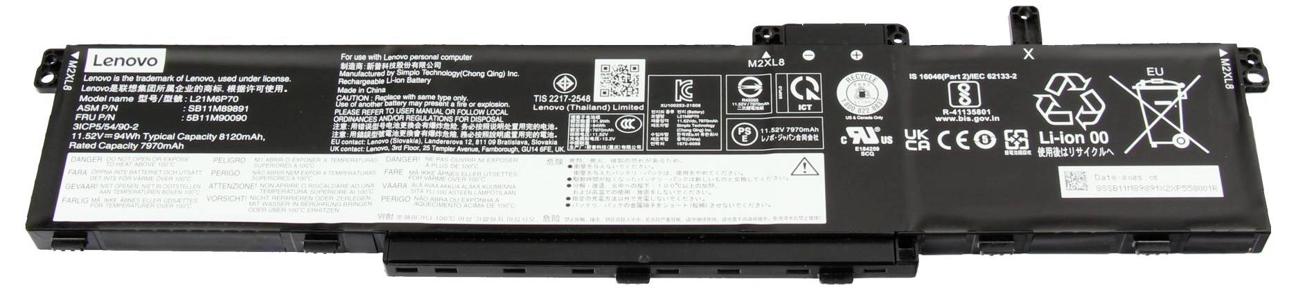 Schwarzes Lenovo-Laptop-Akkupaket mit Modell- und Warnkennzeichnungen, Li-Ionen-Symbolen und Barcode auf weißem Hintergrund.