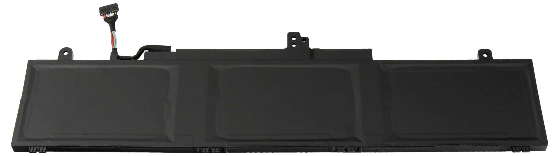 Schwarze rechteckige Batteriebox oder elektronisches Modul mit drei Paneelabschnitten und Montagelaschen, gezeigt auf weißem Hintergrund.