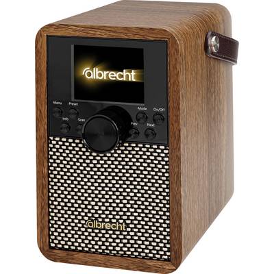 Tragbares Holzradio mit Bildschirm, auf dem „albrecht" angezeigt wird, vorderer Lautsprechergrill, Regler und seitlicher Tragegriff.