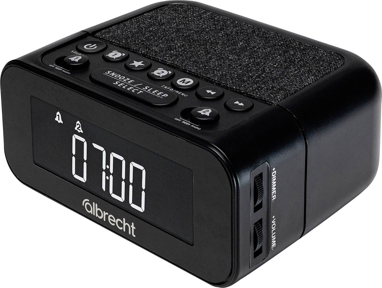 Schwarzer digitaler Wecker-Radio mit Anzeige von 07:00, mit Alarm-, Snooze-/Schlaf-Tasten und Lautstärke- sowie Abstimmungsreglern an der Seite.