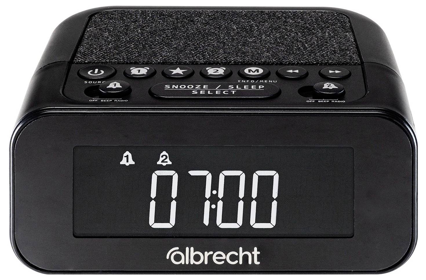 Black Albrecht Digitalwecker-Radio zeigt 07:00 an, mit Schlummern-/Wahltaste und Voreinstellungstasten oben.
