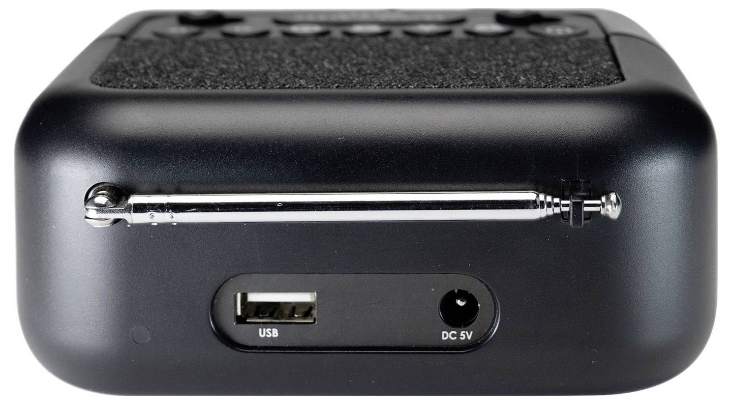 Schwarzes elektronisches Gerät mit USB-Anschluss, DC-5V-Stromeingang und ausziehbarer Antenne an der Vorderseite.