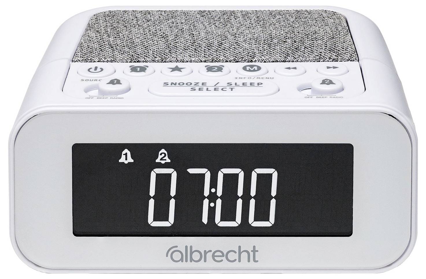 Weißer digitaler Wecker-Radiogerät von Albrecht mit Anzeige 07:00, mit Snooze-/Schlaf-Reglern und Lautsprechergitter oben.