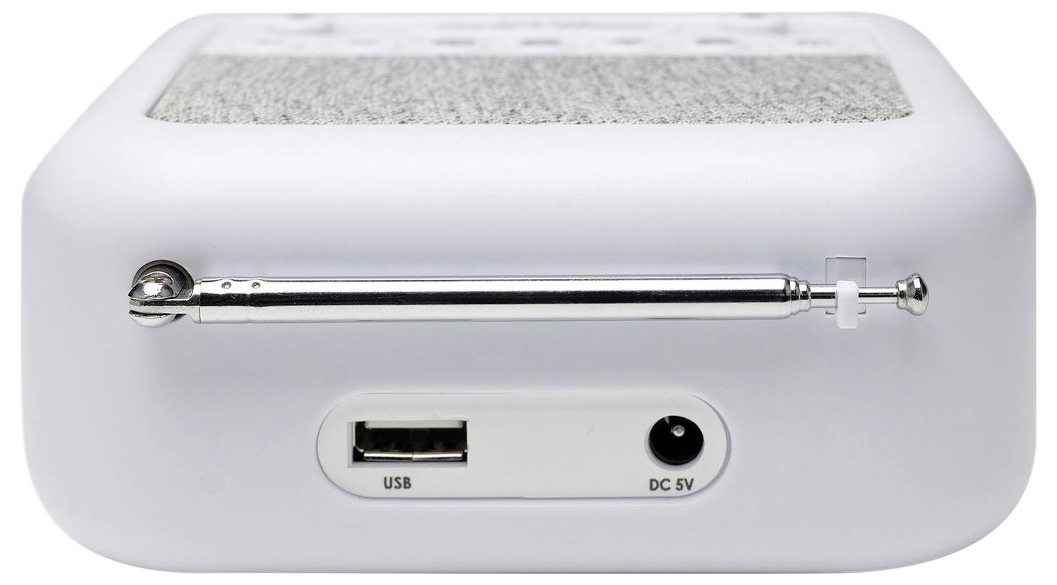 Weißes elektronisches Gerät, von hinten gezeigt, mit einer Metallantenne, einem USB-Anschluss und einer DC-5V-Stromeingangsleitung.