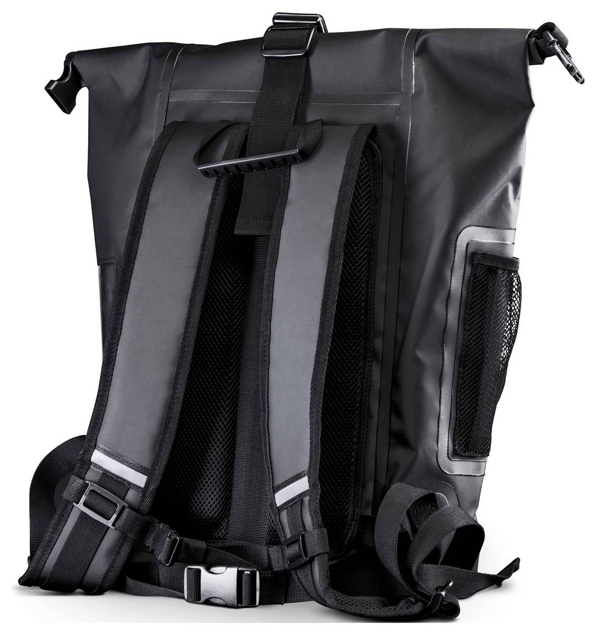 Schwarzer wasserdichter Rucksack mit Rollverschluss, gepolsterten Schultergurten, seitlicher Netztasche und Schnallenverschluss, vor weißem Hintergrund abgebildet.