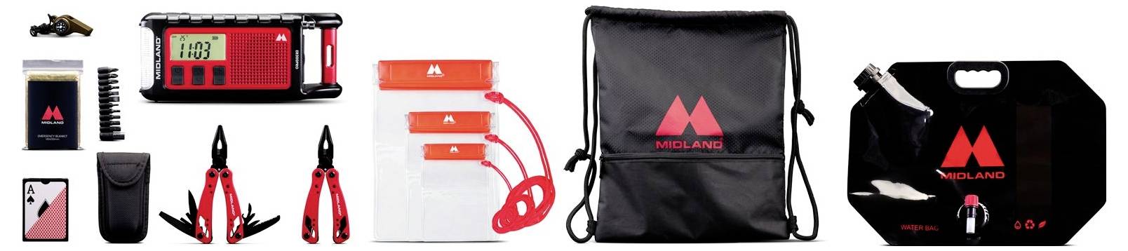 Ein Satz Midland-Zubehör und Geräte, bestehend aus einem roten digitalen Empfänger, Kabeln, Werkzeugen, einer Tragetasche, einem schwarzen Kordelzugbeutel und einem Hartschalenkoffer mit dem Midland-Logo.