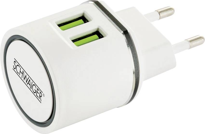 Weiß es weißer Dual-Port-USB-Wandladegerät-Adapter mit zwei grünen USB-Anschlüssen und europäischen Steckerkontakten, Marke SCHWAIGER