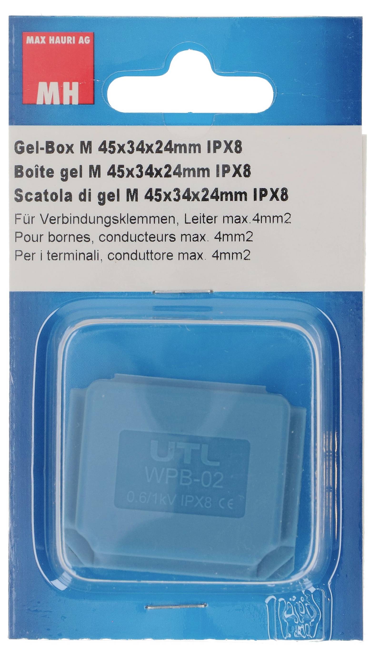 # Gel-Box M 45x34x24mm IPX8<br><br>**Verpackung für eine UTL-Gel-Verbindungsdose**<br><br>Maximale Leiterquerschnitte: 4 mm²<br><br>**IPX8-Schutzklasse**<br><br>Abmessungen: 45 x 34 x 24 mm