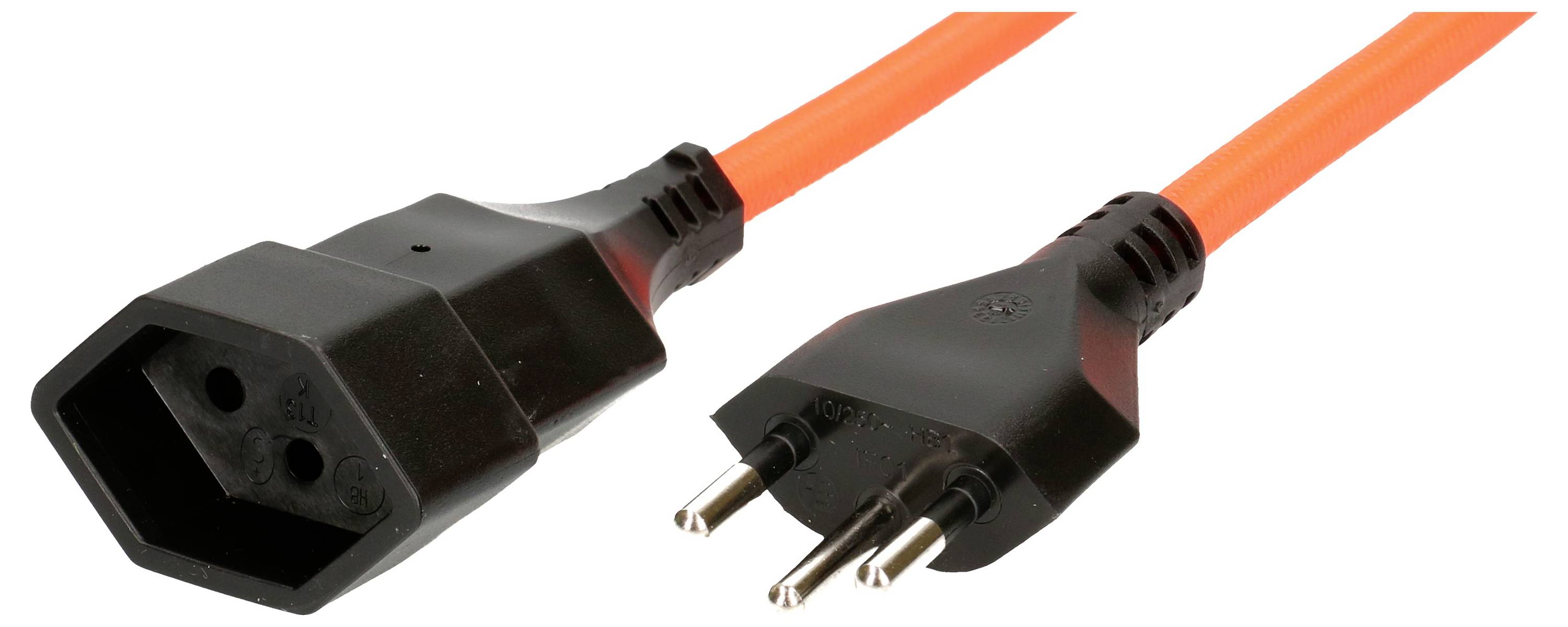 Oranges Stromkabel mit einem schwarzen IEC-C13-Buchsenstecker auf der linken Seite und einem schwarzen europäischen zweipoligen Stecker auf der rechten Seite.