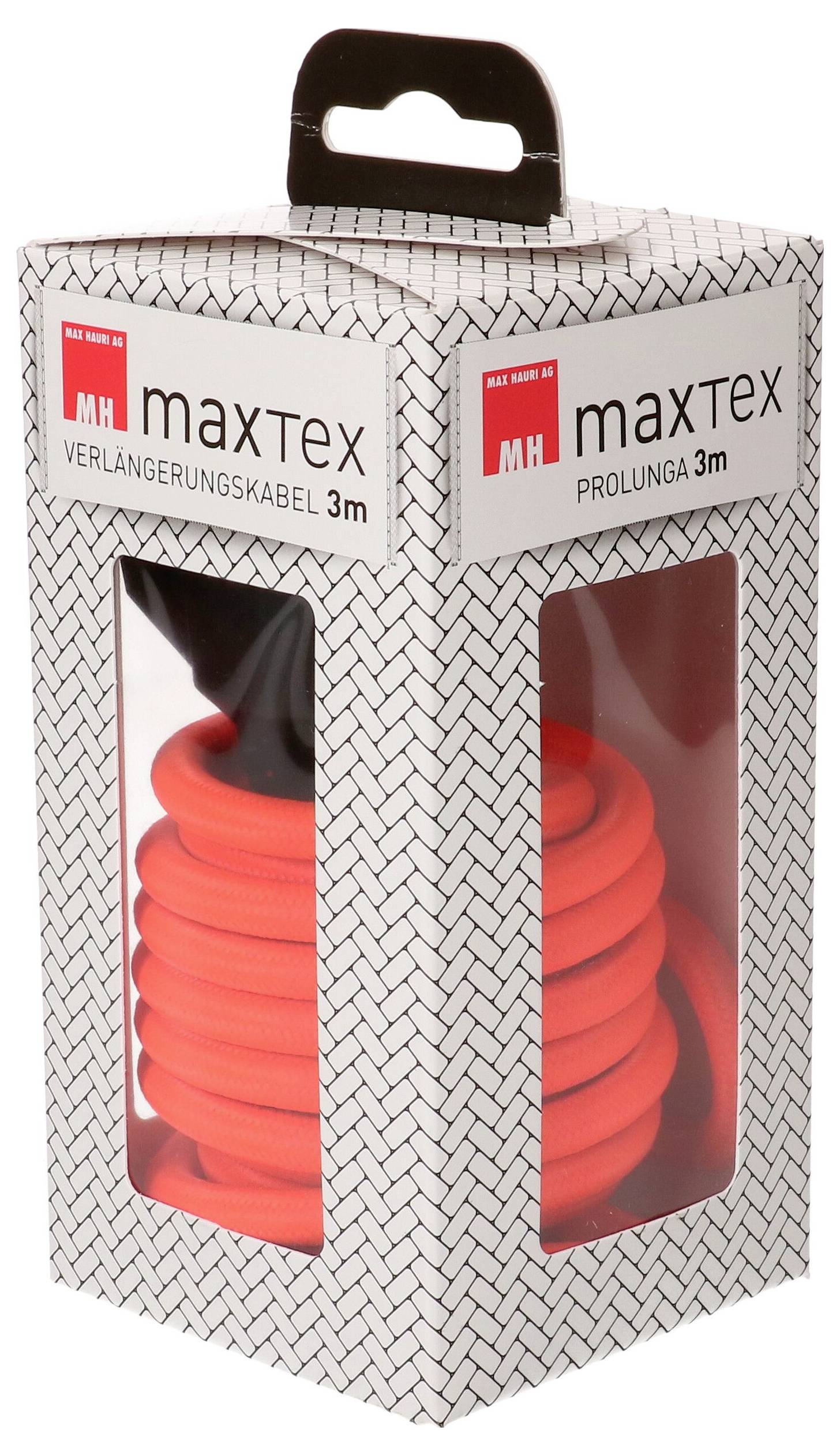 Verpackte Maxtex 3m Verlängerungskabel in einer weiß-grauen Schachtel, mit aufgerolltem orangefarbenem Kabel, sichtbar durch transparente Fenster.
