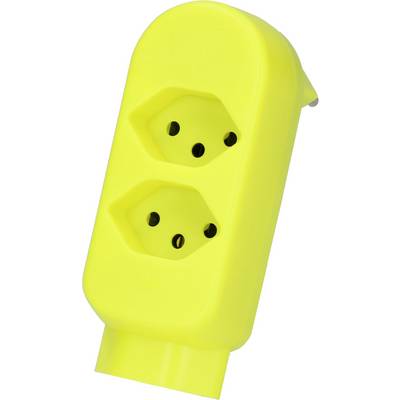 Hellgelber Doppel-Steckdosenadapter auf weißem Hintergrund, in schräger Perspektive dargestellt.