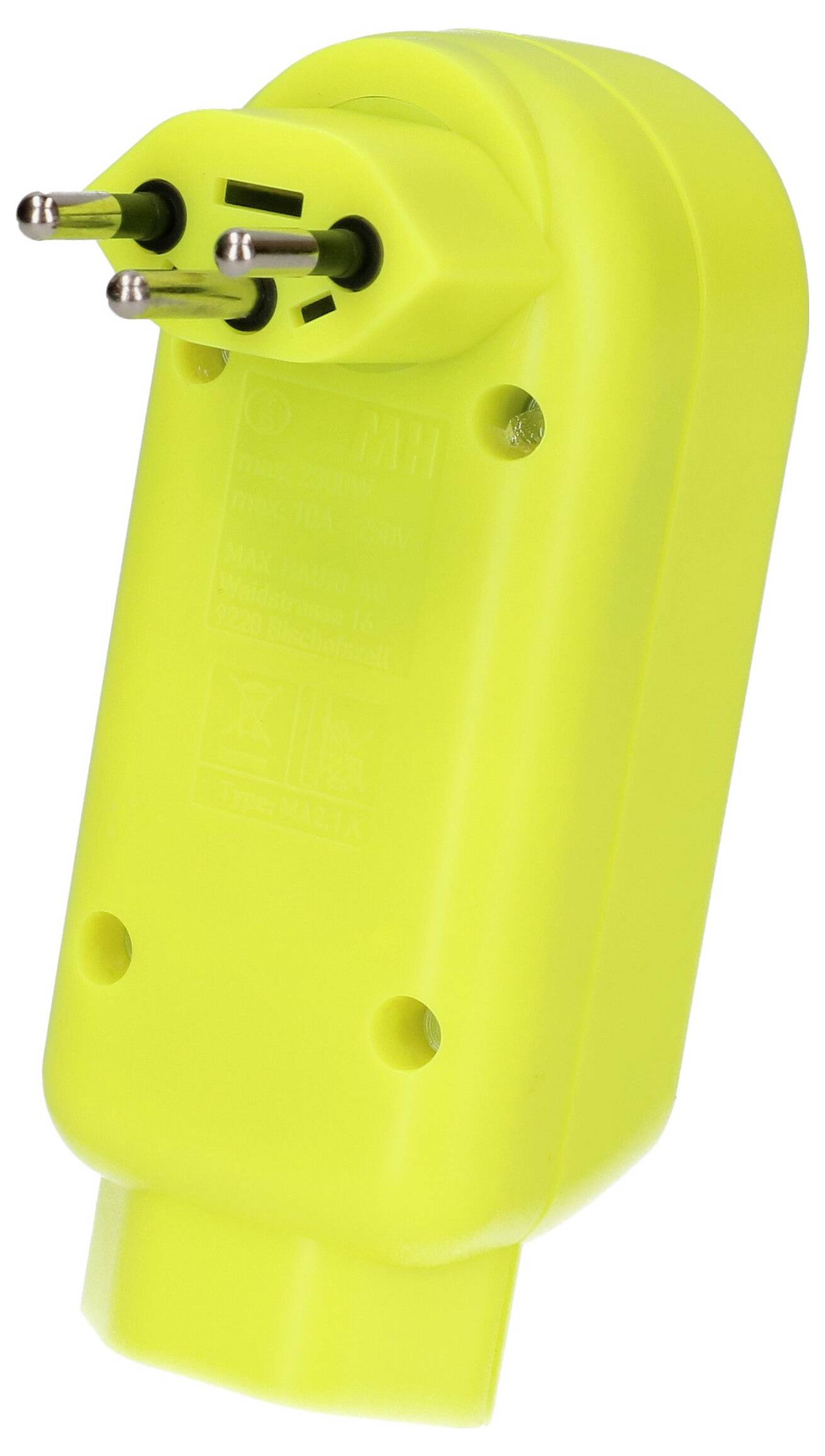 Gelber europäischer Zweipoliger Elektrostecker-Adapter auf weißem Hintergrund.