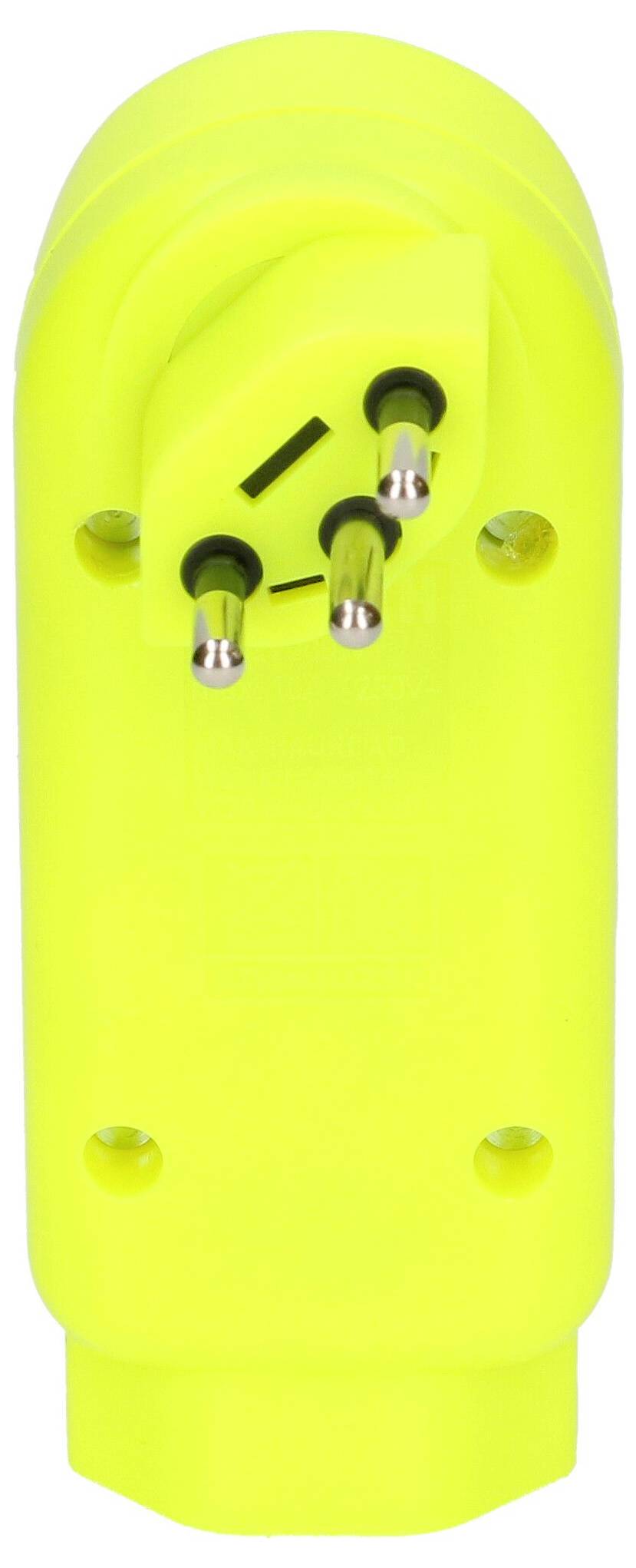 Neonangelbes Stromstecker-Adapter mit drei runden Metallstiften und einer gesichtsähnlichen Anordnung von Schlitzen und Löchern.