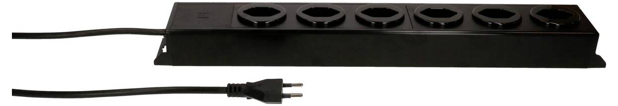 Schwarze Steckerleiste mit mehreren runden Steckdosen und einem zweipoligen Stecker, der durch ein Kabel verbunden ist.