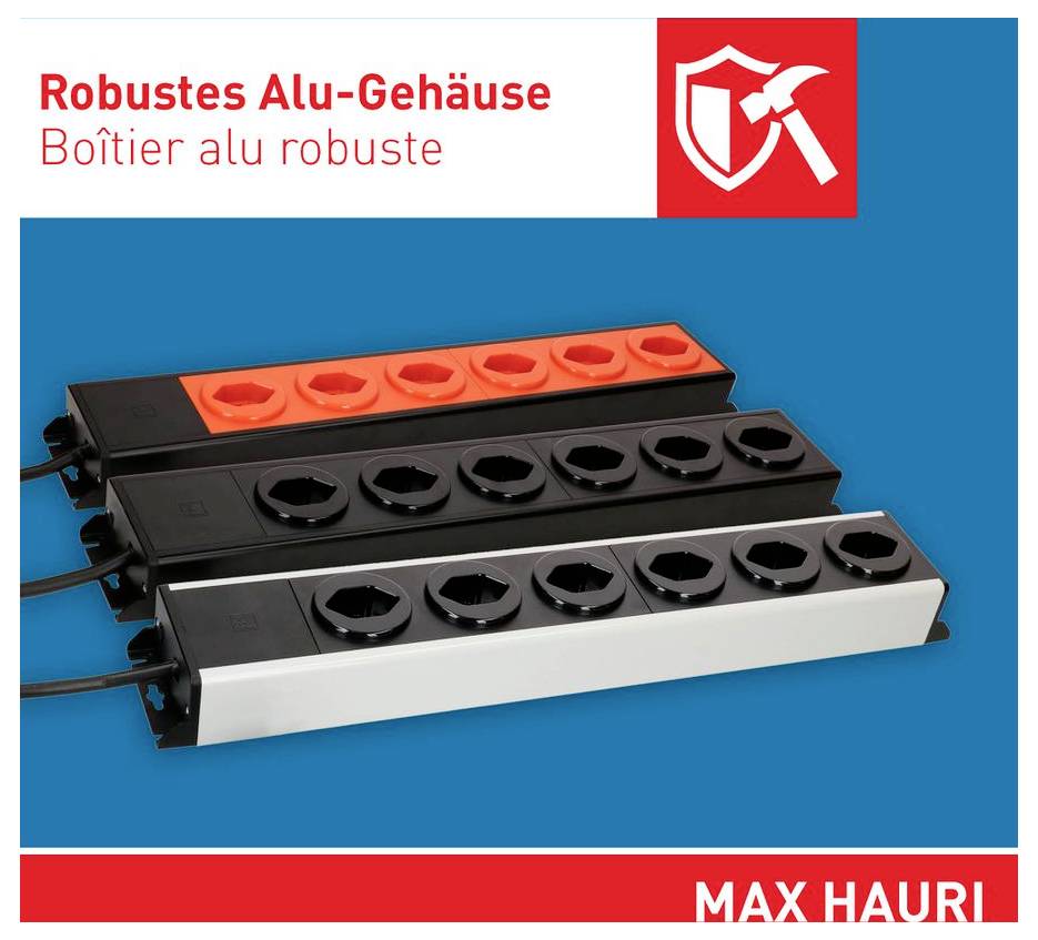 Werbung für robuste Aluminium-Gehäuse-Steckdosenleisten in Schwarz, Weiß und Orange, gekennzeichnet mit "Robustes Alu-Gehäuse" und "Boîtier alu robuste" mit MAX HAURI-Logo.