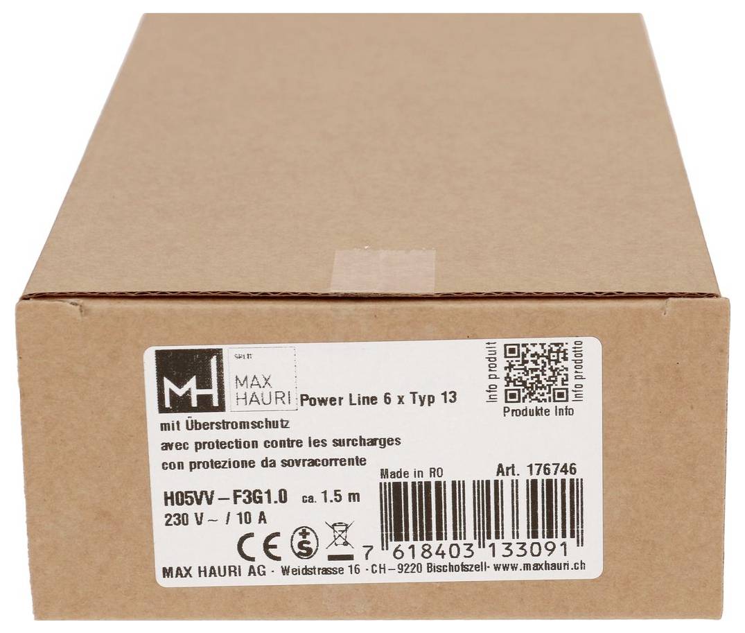 Geschlossener Karton mit der Aufschrift MAX HAURI Power Line 6 x Typ 13 mit Barcode, QR-Code und Produktdetails auf der Vorderseite.