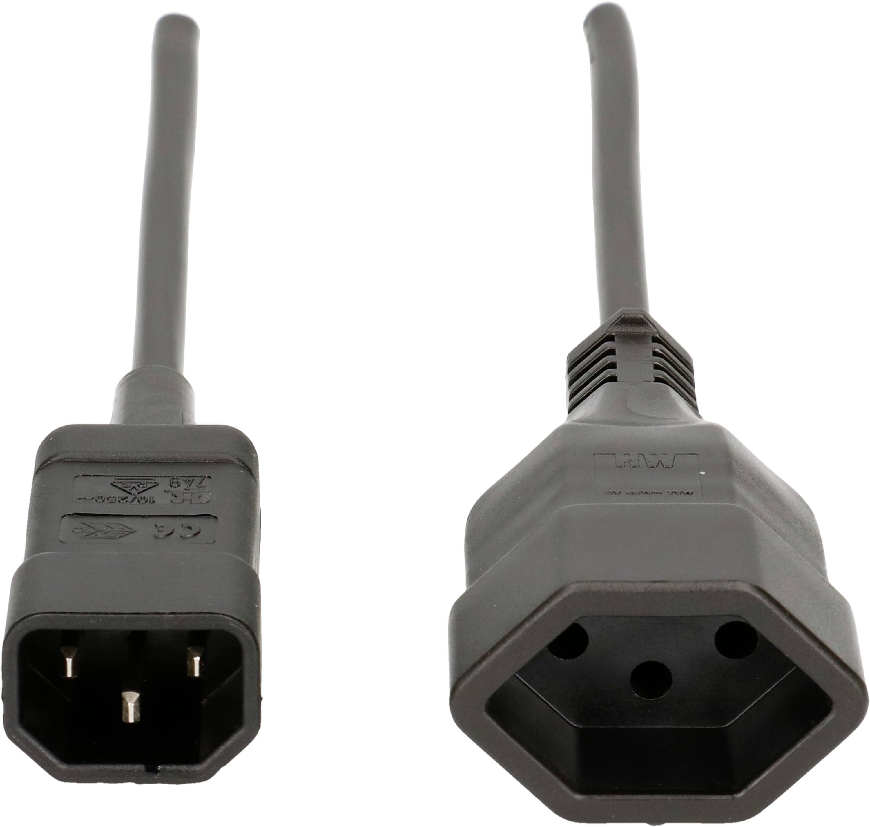 Nebeneinander angeordnete Fotografie eines schwarzen Stromkabelsteckers: IEC-C14-Stecker auf der linken Seite und IEC-C13-Buchse auf der rechten Seite.