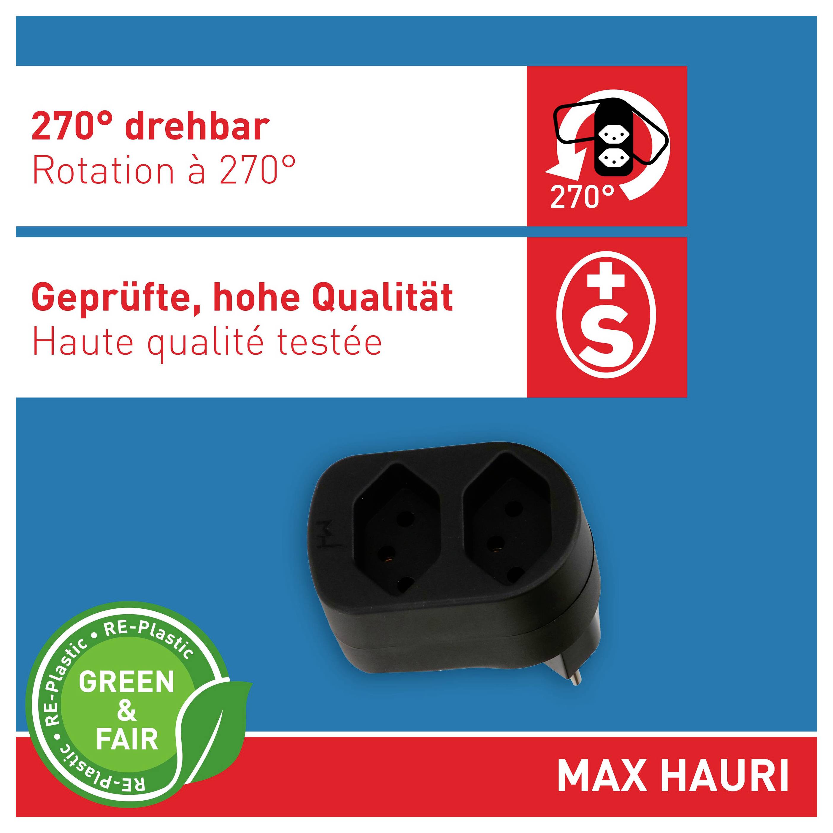 Produktbild eines schwarzen Doppelstecker-Adapters mit der Kennzeichnung „270° Rotation" und „getestete hohe Qualität", mit GREEN & FAIR und MAX HAURI Branding.