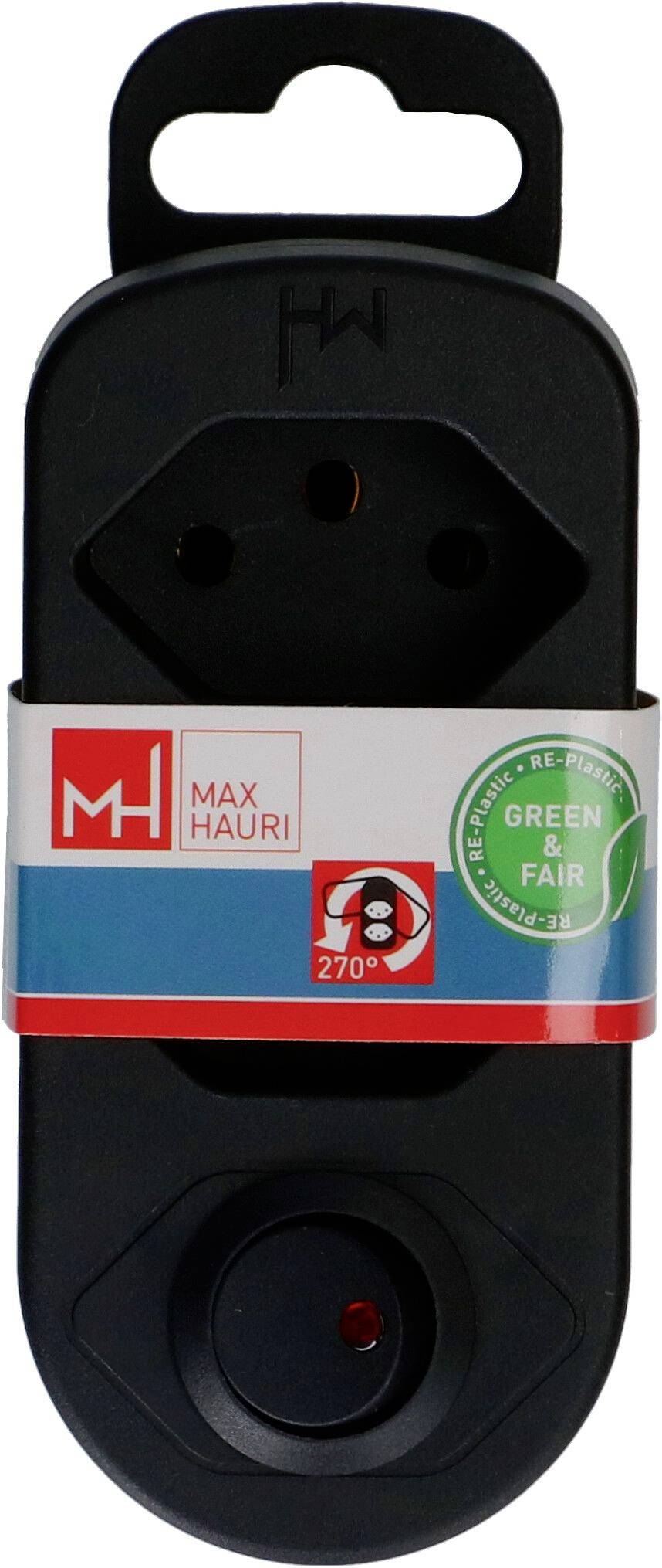 Schwarzer Elektrostecker oder Steckdose mit Griff, mit der Bezeichnung Max Hauri und Green is fair, in Vorderansicht auf weißem Hintergrund dargestellt.