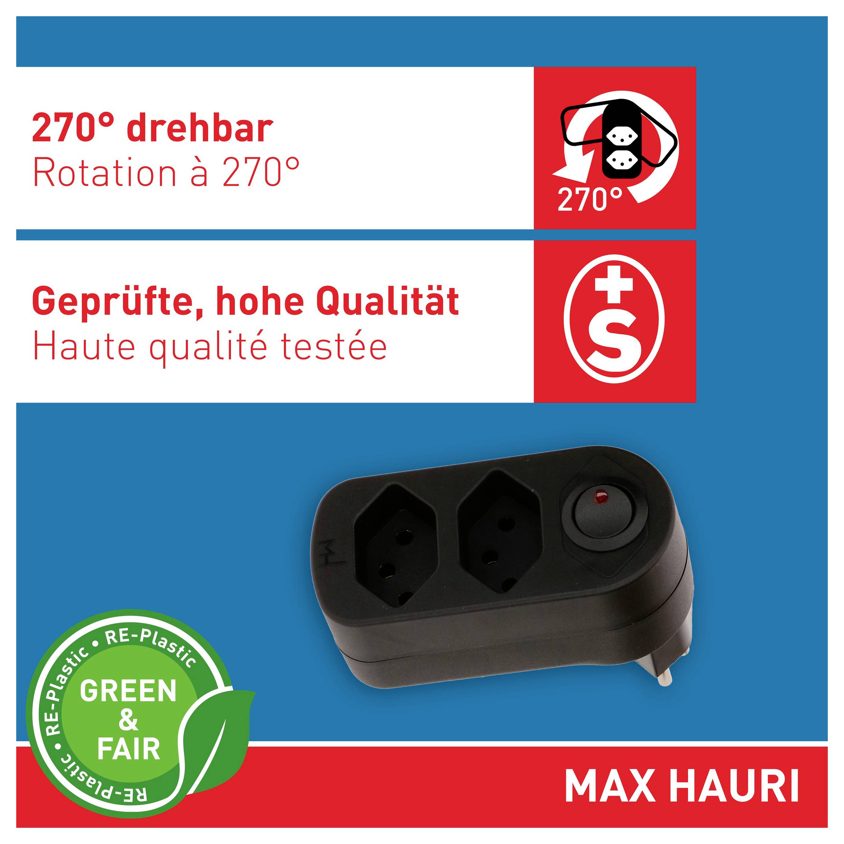 Produktetikett für einen MAX HAURI Stromadapter: 270° Drehung, getestete hohe Qualität und Green & Fair Re-Plastic Zertifizierung.