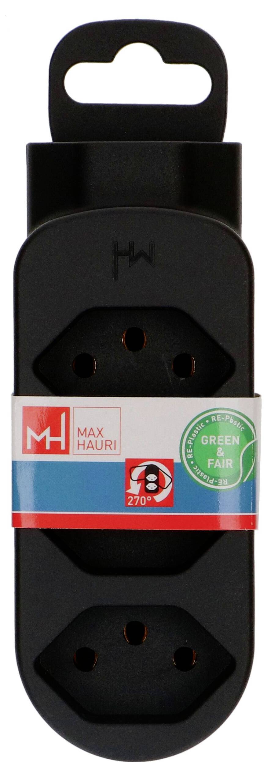 Schwarze duale Elektrosteckdosenadapter-Verpackung mit MAX HAURI-Branding und grünem Fair-Label, in Vorderansicht auf weißem Hintergrund