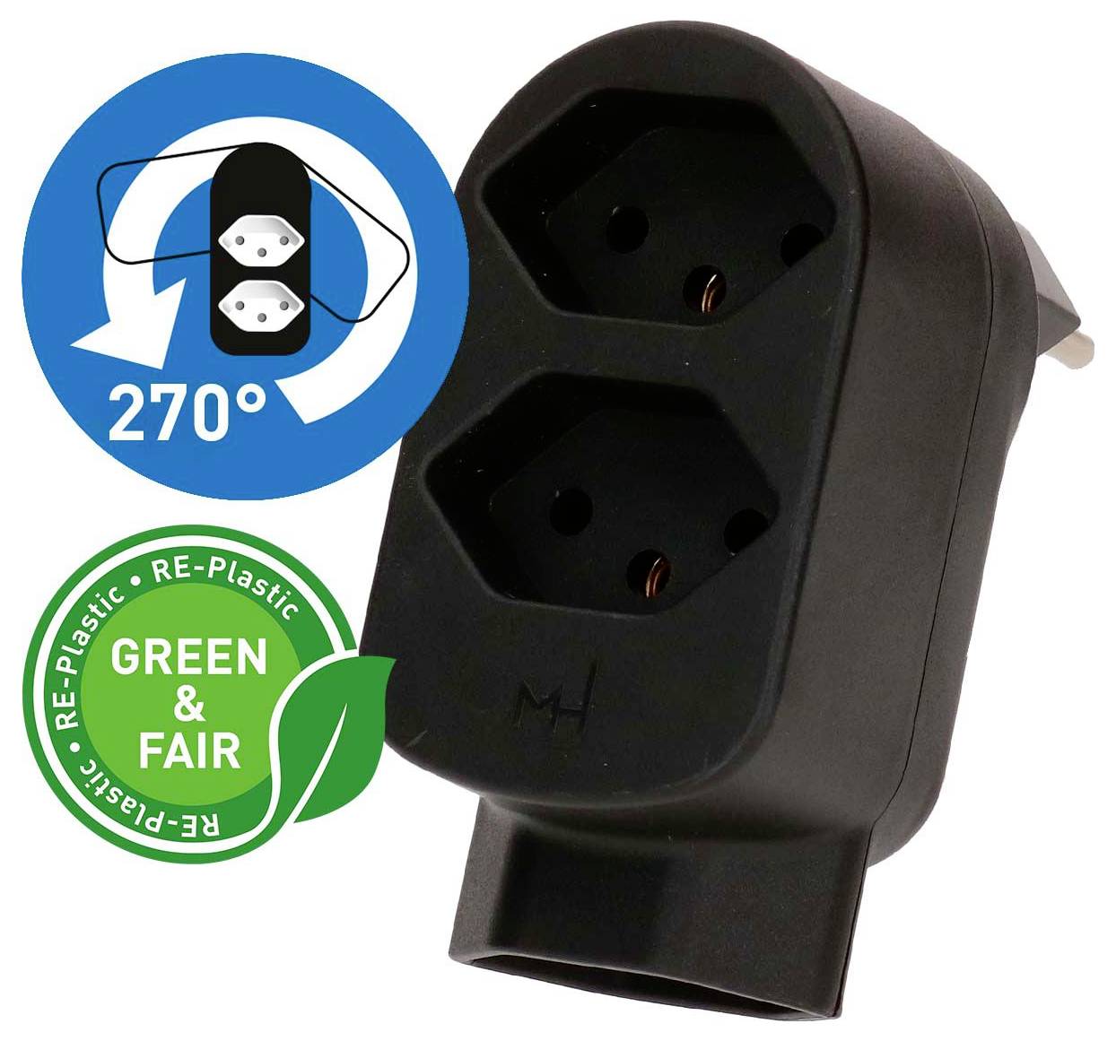 Schwarzer abgewinkelter Doppelsteckdosen-Adapter mit 270°-Drehgelenk, gezeigt mit „Green & Fair"-Recycling-Kunststoff-Siegel.