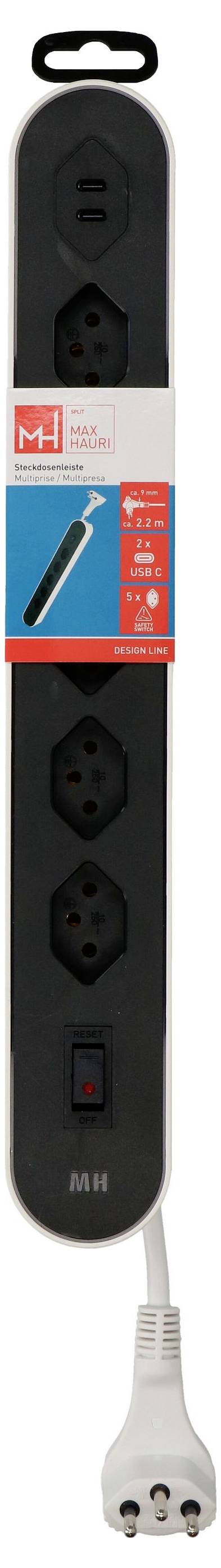 Schwarze Steckerleiste mit fünf Steckdosen, einem roten Ein-/Ausschalter und einem weißen Kabel mit Stecker.