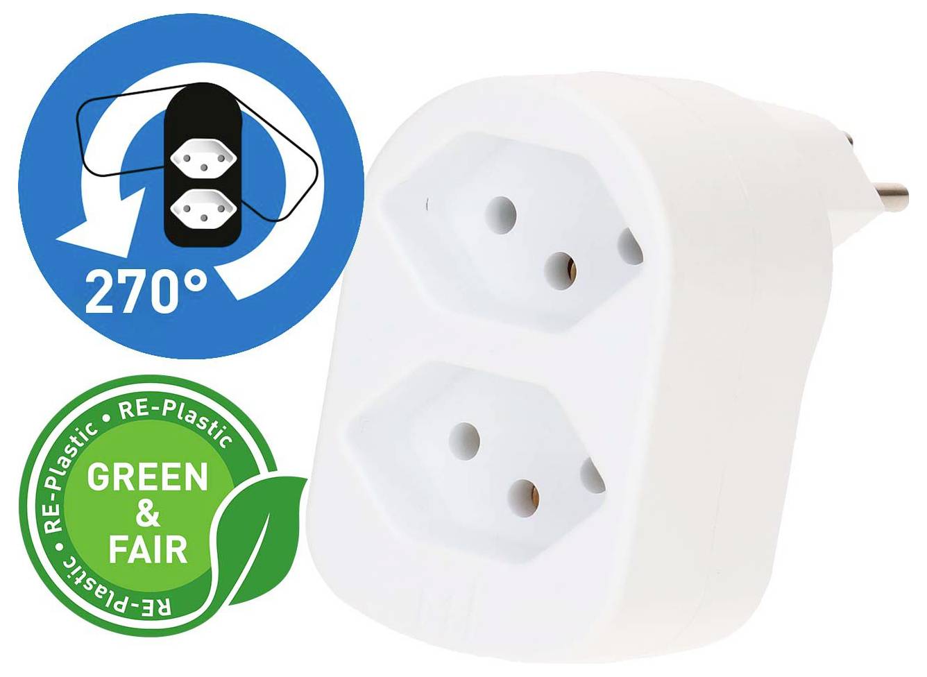 Weiße Doppelstecker-Wandadapterleiste mit blauem 270°-Rotationssymbol und grüner „GREEN & FAIR"-Recycling-Kunststoff-Etikette