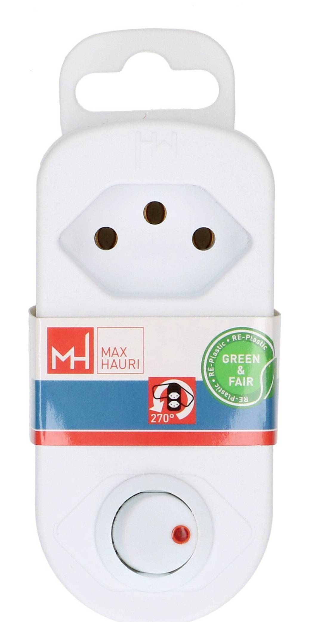 Weiße Plug-in-Lufterfrischer-Flasche mit der Bezeichnung "MAX HAURI" mit einem grünen "BE-FRESH GREEN & FAIR"-Siegel und einem Stromregler