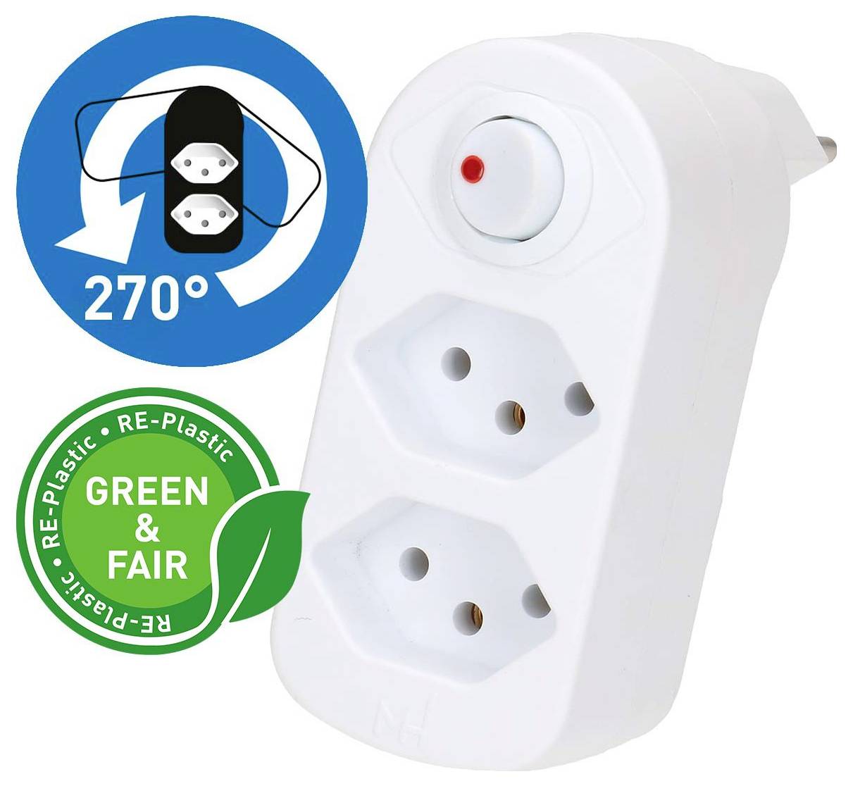 Weißer 2-Fach-Elektrostecker-Adapter mit roten Anzeigelicht, dargestellt mit 270°-Rotationssymbol und 'Green & Fair'-Badge aus recyceltem Kunststoff.