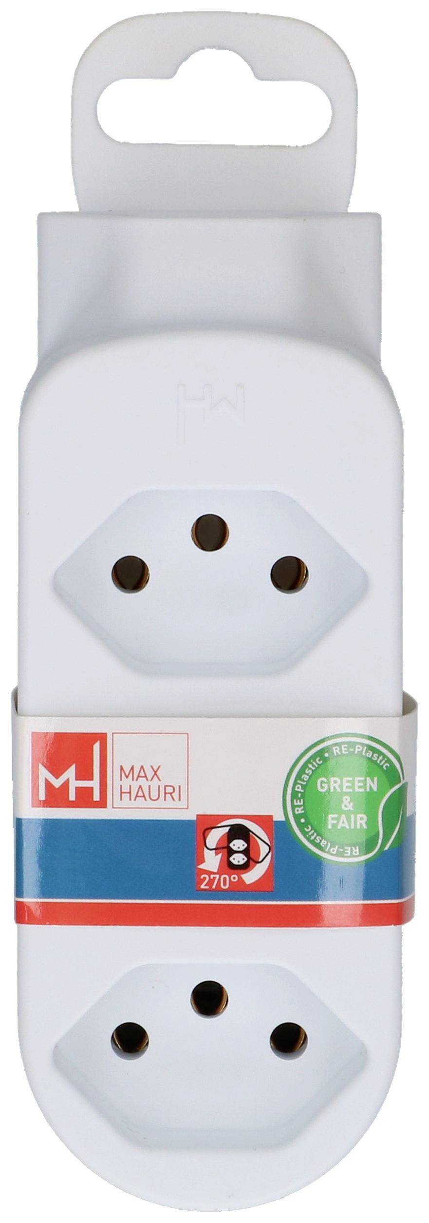 Eine weiße Kunststoffsteckergarnitur Max Hauri mit zwei sechskantigen Buchsenöffnungen und einem roten Etikett mit Markenlogo, „GREEN FAIR" und IP20-Schutzart.