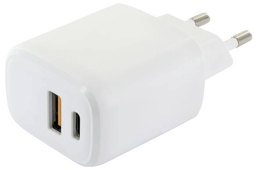 Weißes USB-Wandladegerät mit zwei runden europäischen Steckerpins und einem USB-A- sowie USB-C-Anschluss an der Vorderseite.