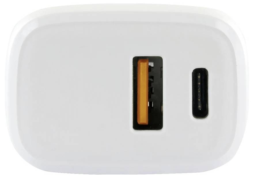 Weiß USB-Wandladegerät mit einem USB-A-Anschluss und einem USB-C-Anschluss an der Vorderseite