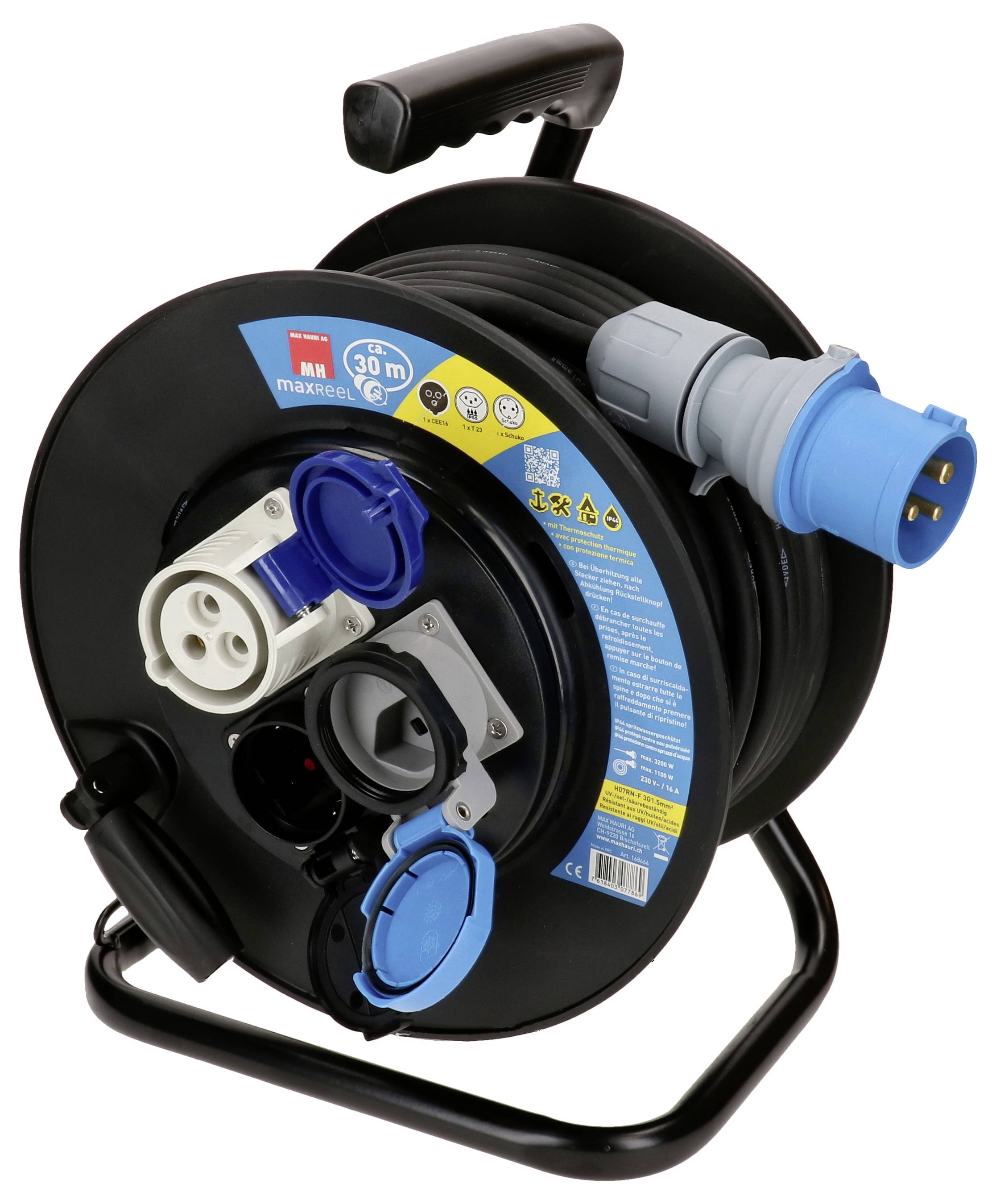 Schwarze Kabelrolle mit Griff, angebrachten Steckdosen und einem blauen Industrie-Stromstecker, zeigt ein 30-m-Verlängerungskabel für den Außen- oder Werkstattbereich.