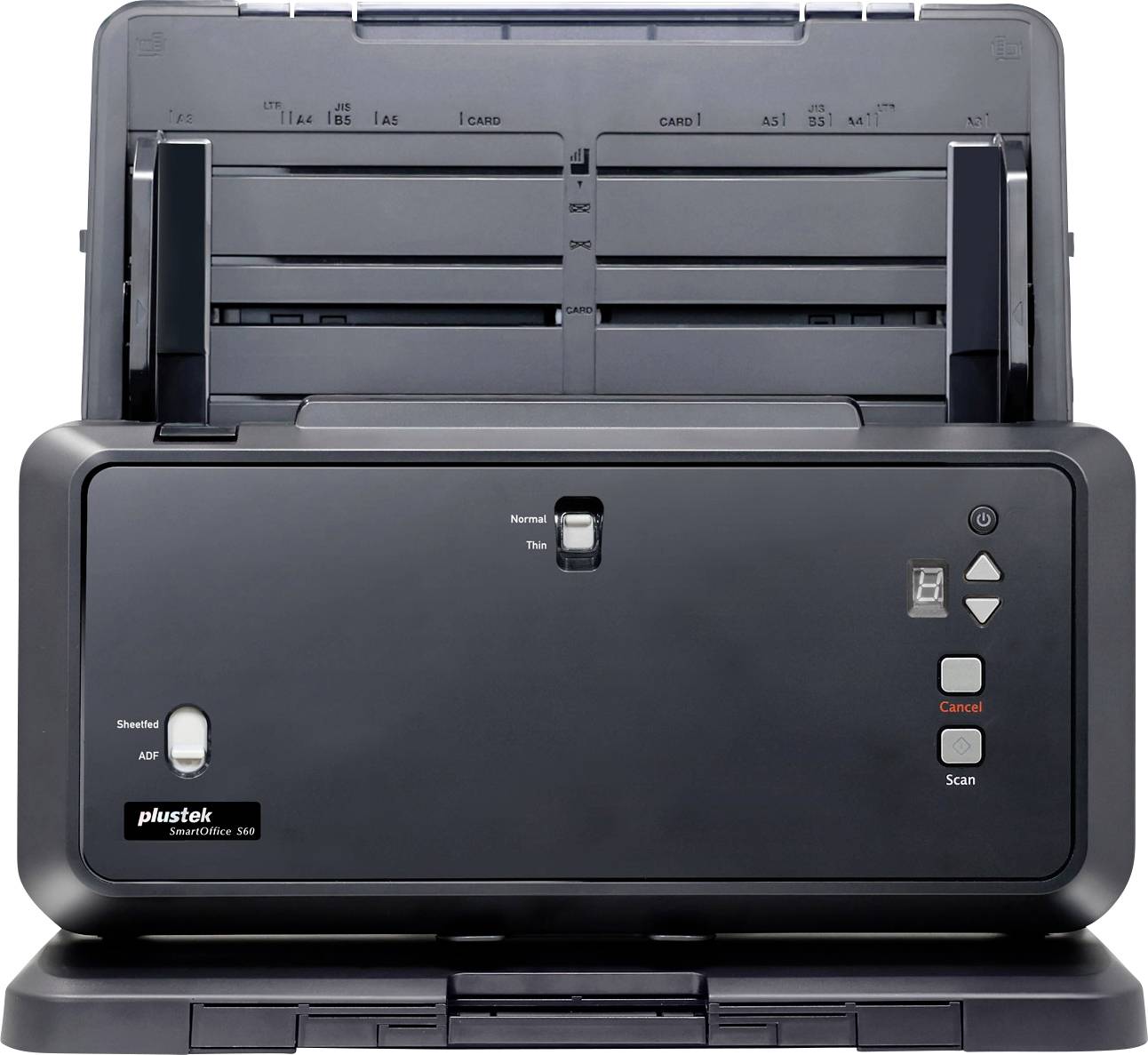 Vorderansicht eines Plustek SmartOffice-Scanners mit Dokumenteneinzug, Steuertasten und Papierfach