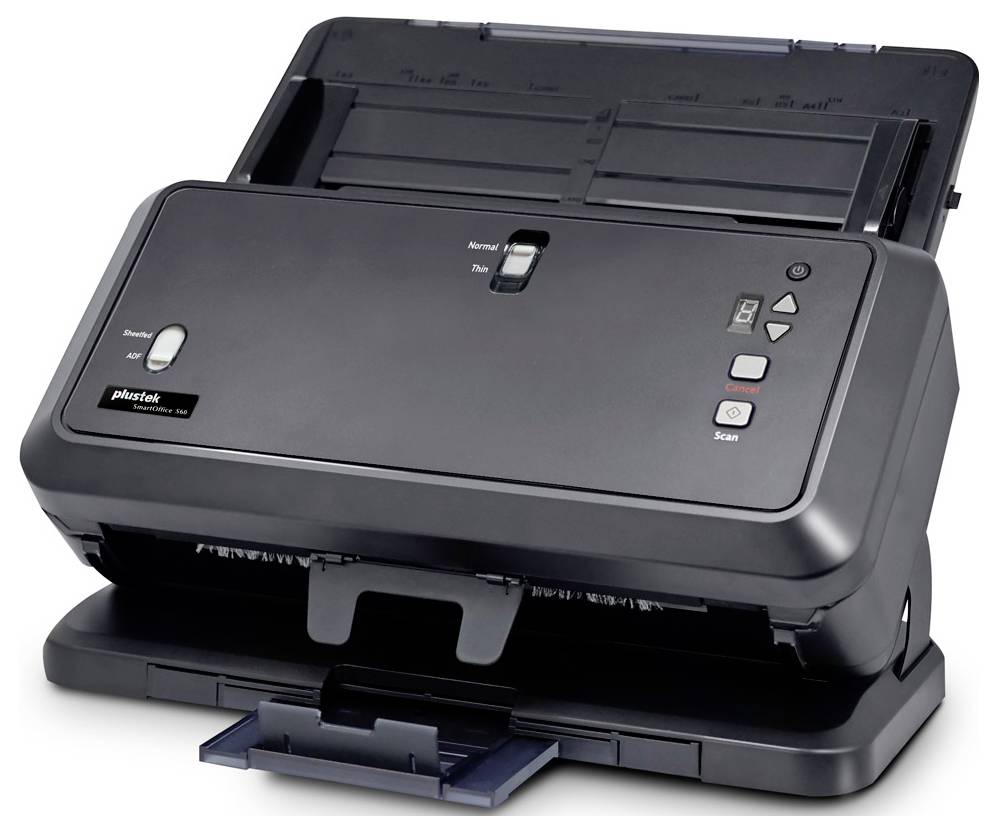 Schwarzer Desktop-Dokumentenscanner mit automatischem Blatteinzug und Bedientasten an der Vorderseite.
