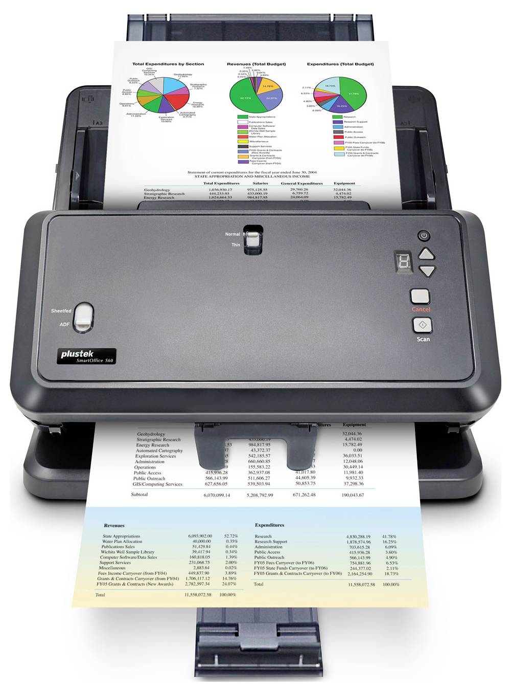 Flachbettdokumentscanner mit automatischem Einzug, der eine Seite mit farbigen Kreisdiagrammen und ein Berichtsblatt scannt, mit einer zweiten Seite darunter als Ausgabe.