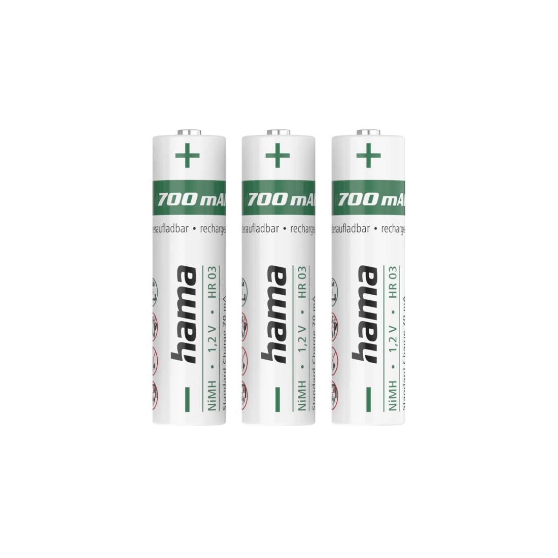 Drei weiße wiederaufladbare Hama-Batterien vom Typ AAA mit den Aufschriften „700 mA" und „1,2 V" stehen aufrecht auf einem schlichten Hintergrund.