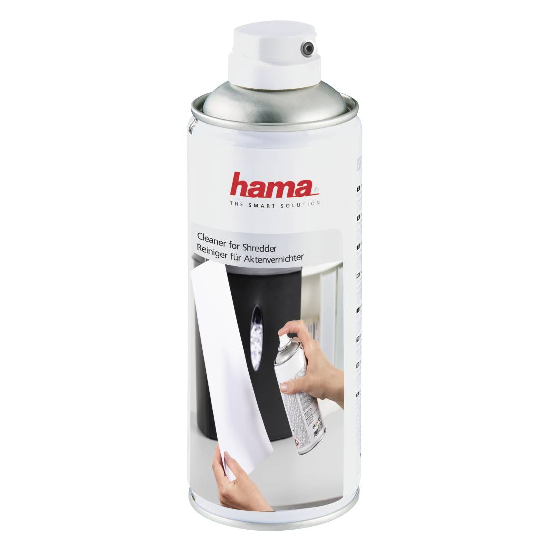 Ein Hama-Shredder-Reinigungsspray in einer Sprühdose mit der Aufschrift "Reiniger für Shredder", mit einem Bild von Händen, die einen Shredder beim Reinigen besprühen.