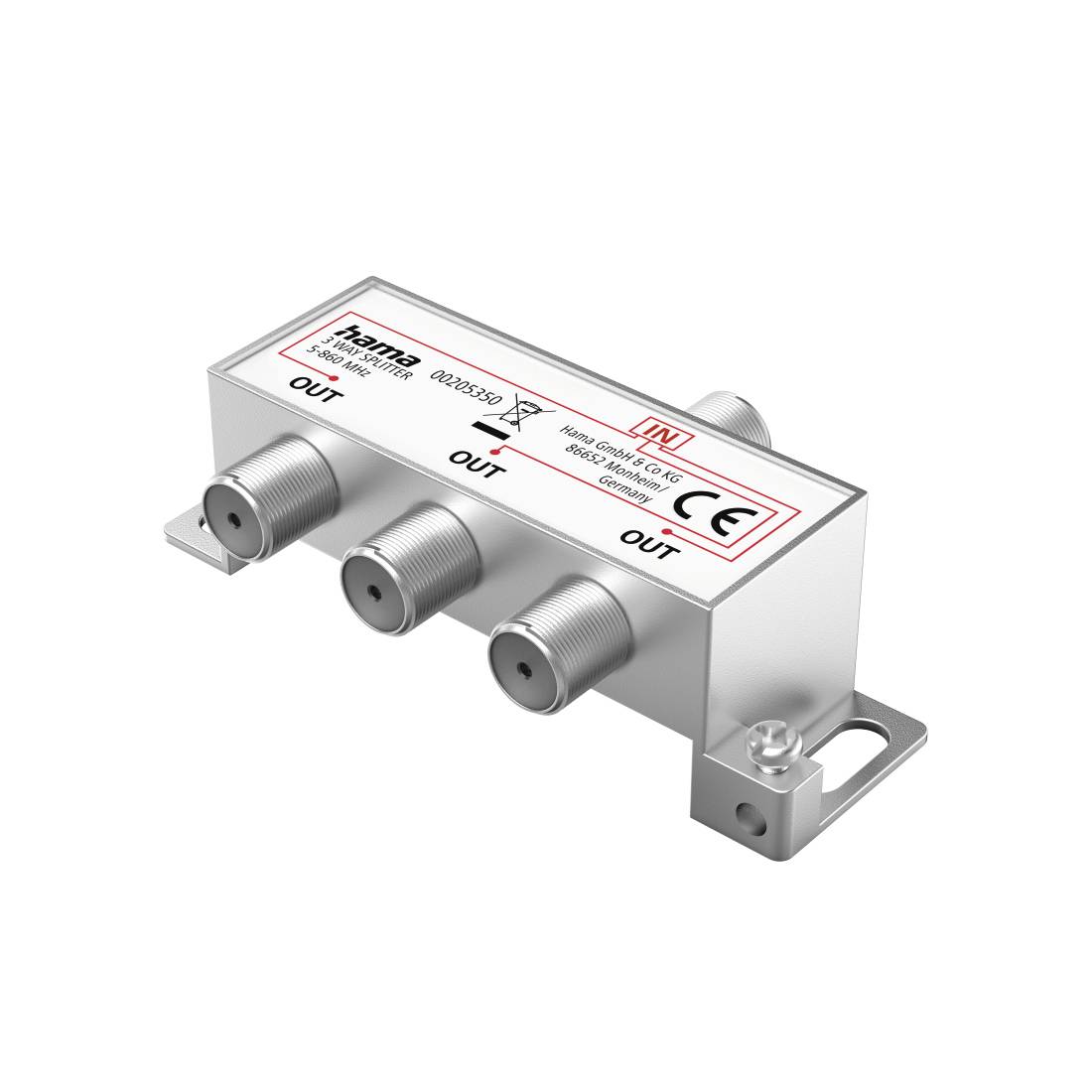 Metallische koaxiale Signalverteilerbox mit einem Eingangsanschluss und drei Ausgangsanschlüssen, oben mit "IN" und "OUT" gekennzeichnet.
