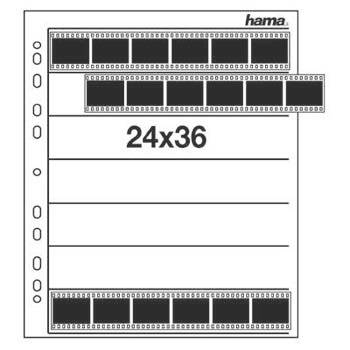Filmkontaktblatt-Layout mit der Bezeichnung „24x36" mit drei Negativstreifen oben, in der Mitte und unten auf einer weißen Hama-Vorlage.