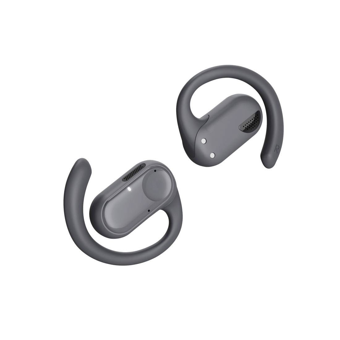 Zwei dunkelgraue Over-Ear-Bluetooth-Kopfhörer auf weißem Hintergrund, einer von vorne gezeigt und einer im Winkel, um die Seitenregler zu offenbaren.