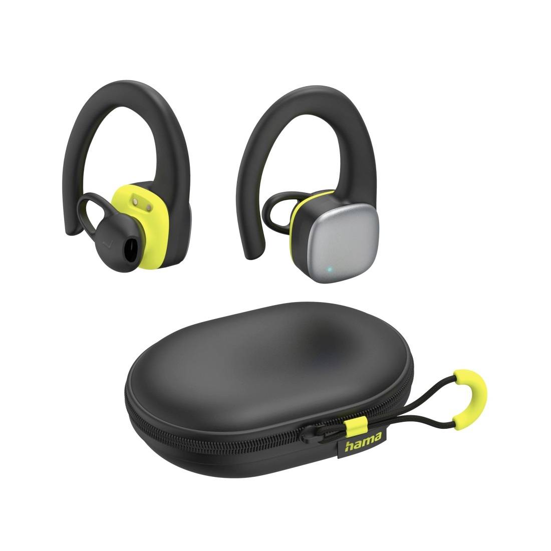 Kabellose In-Ear-Kopfhörer mit Ohrbügeln und schwarzem Reißverschluss-Etui mit der Aufschrift „hama".