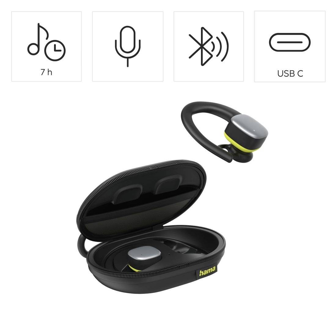 Kabelloses Bluetooth-Ohrhörer mit Ladecase, USB-C-Aufladung, 7 Stunden Akkulaufzeit und integriertes Mikrofon.