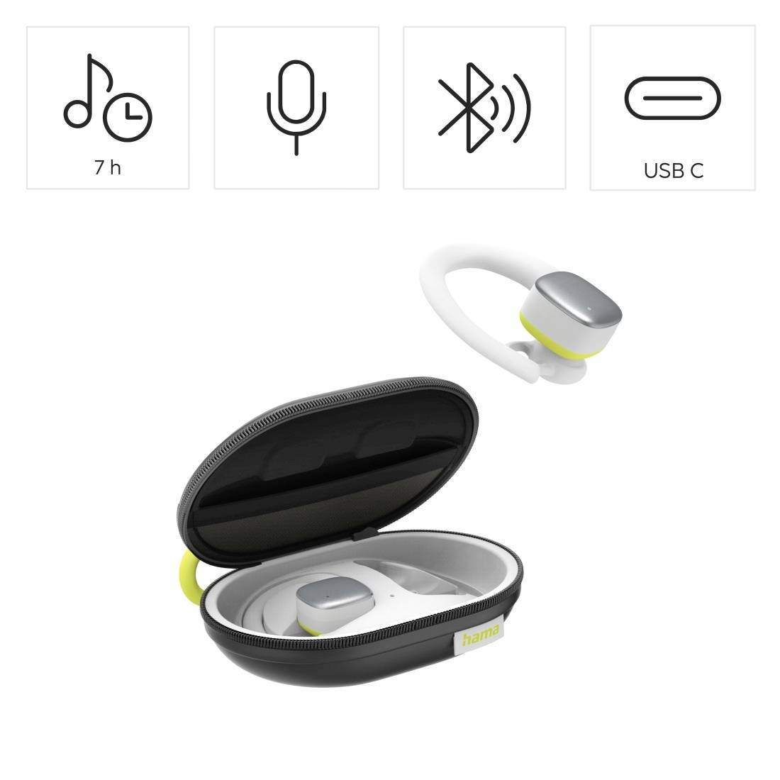 Kabelloses Bluetooth-Ohrhörer mit Ladeetui; Symbole zeigen 7-Stunden-Akku, Mikrofon, Bluetooth und USB-C-Laden.