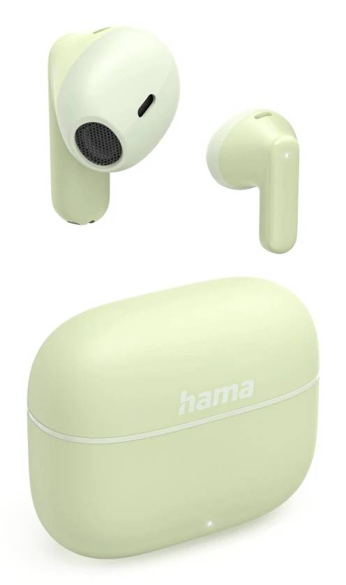 Pastellgrüne kabellose Ohrhörer mit Ladeetui, dargestellt in geöffneter und geschlossener Ansicht; Etui mit Markenname „hama" gekennzeichnet.