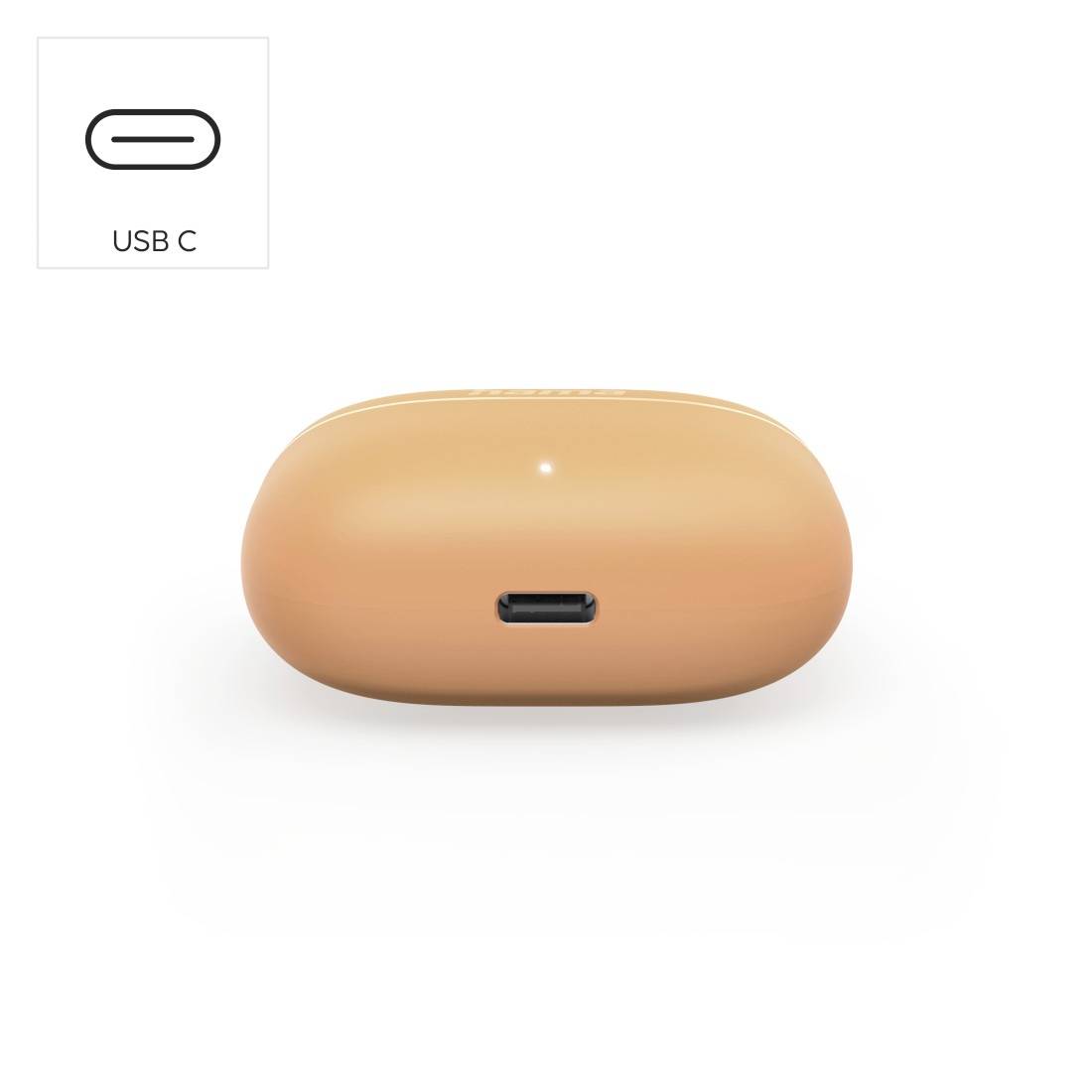 Beige kabelloses Ladeetui in Vorderansicht mit USB-C-Ladeanschluss; eingeblendetes Symbol kennzeichnet den Anschluss als „USB C".